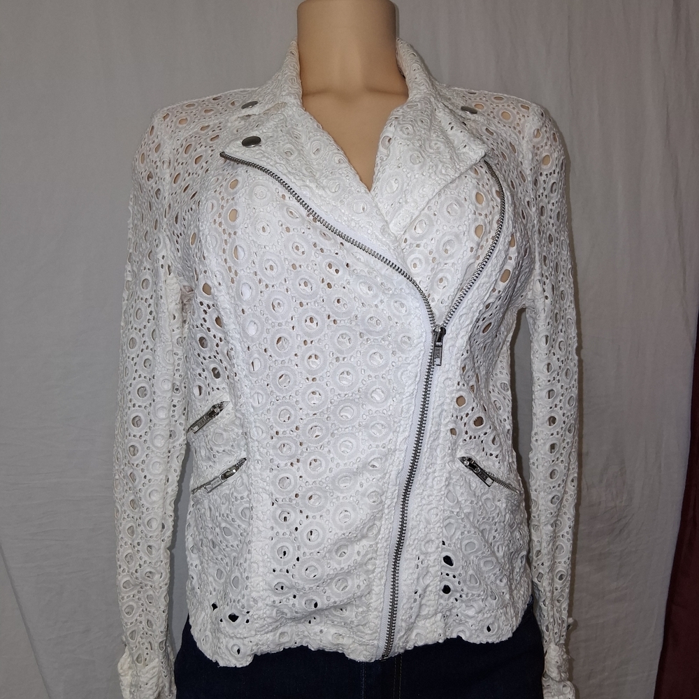 INC International Concepts White Eyelet Leather Jacket Women Size S
